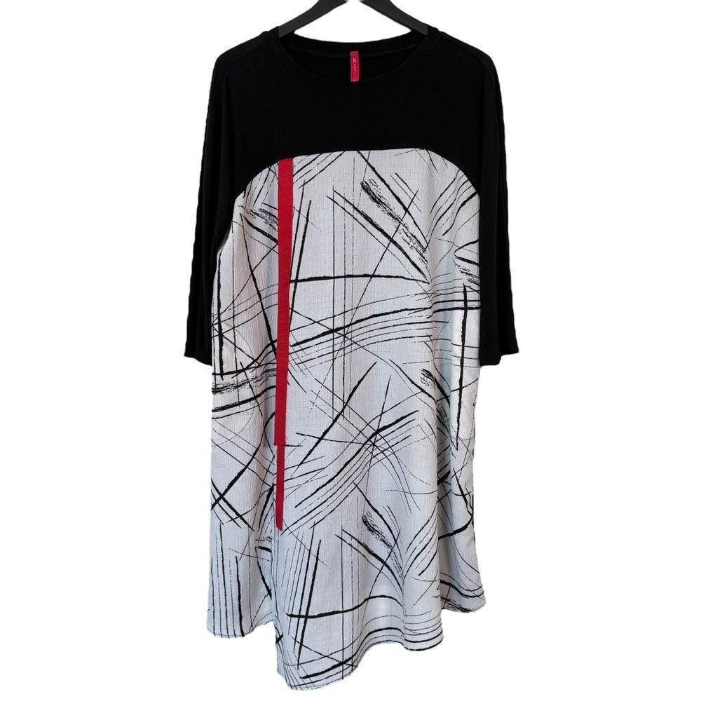IC by Connie K Size M Abstract Black & White Asymmetrical Red Ribbon Midi Dress
